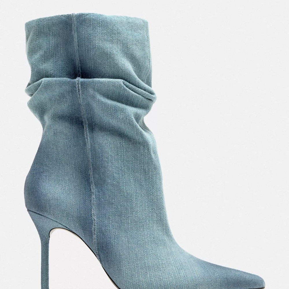 Zara Slouchy Denim-Look Stiletto Ankle Boots in Light Blue